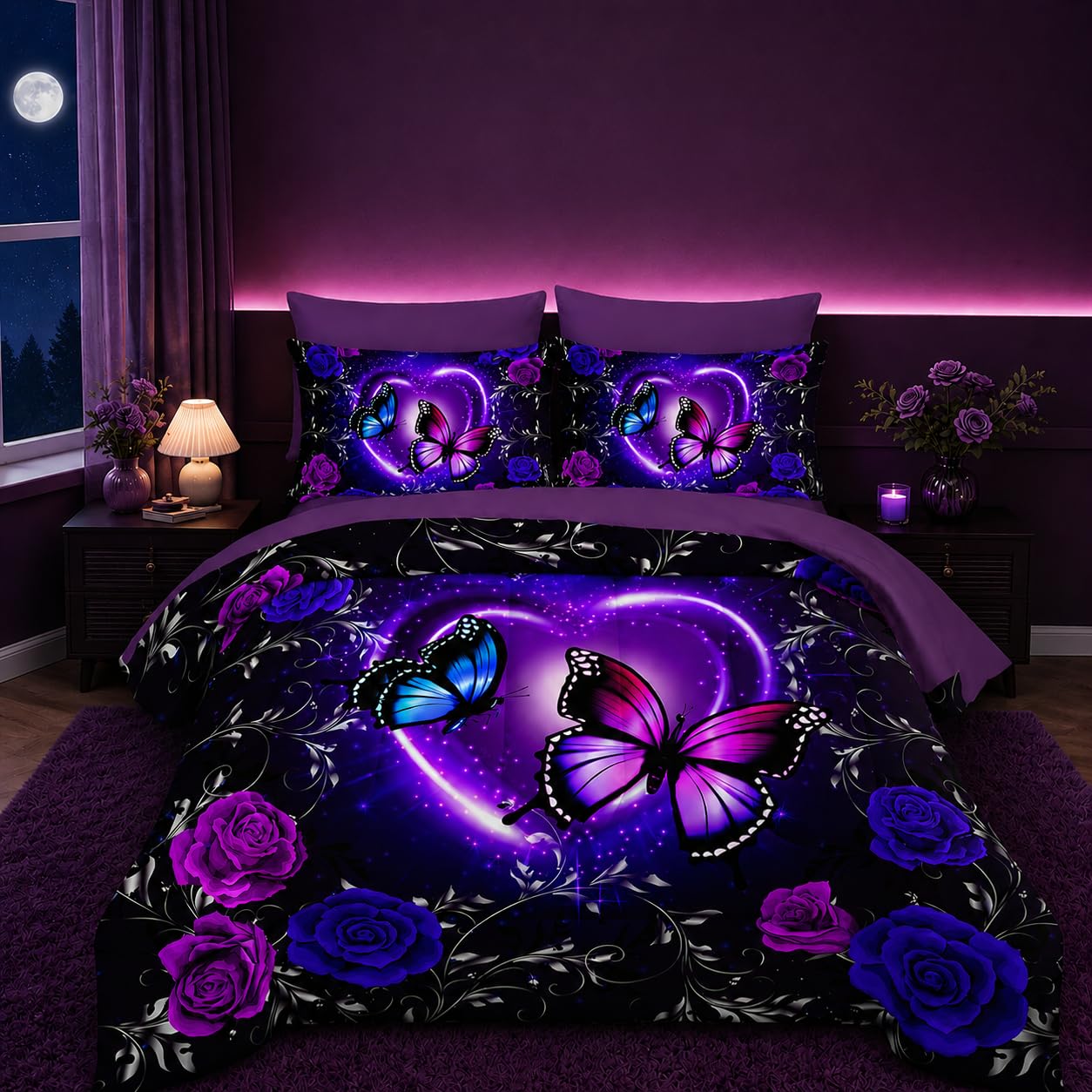 Tuzaovy Purple Butterfly Comforter Set 7 Piece Twin Size Bed in A Bag,Dreamy Butterfly Bedding for Girls Room Decor,Soft Microfiber Comforter with Fitted Sheet,Flat Sheet, Pillowcases & Shams