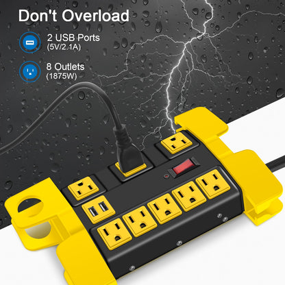 Heavy Duty Power Strip with USB, Workshop 8 Outlet Surge Protector 2700 Joules, Industrial Metal 15Amp Power Strip, 6FT Extension Cord and Wide Spaced. Yellow