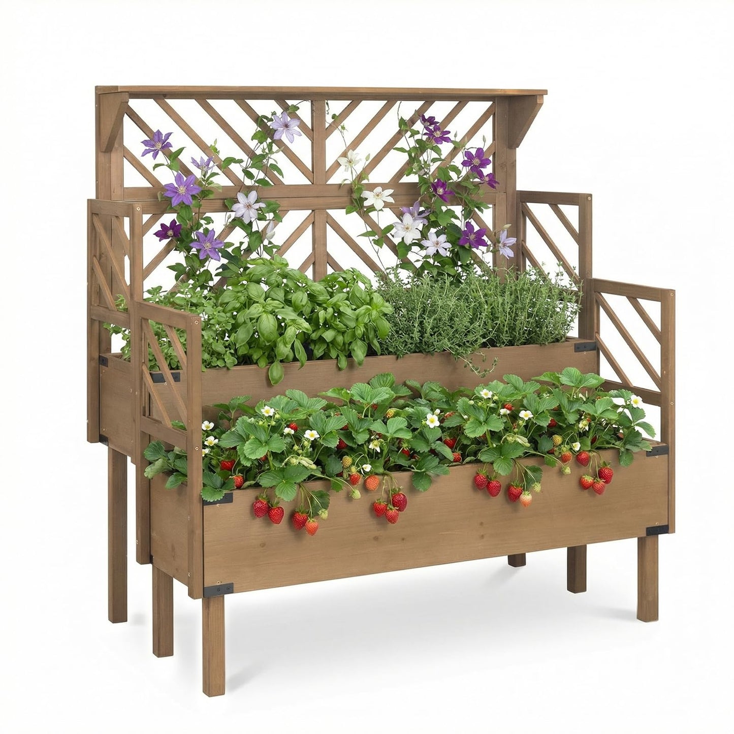 PetsCosset Raised Garden Bed with Trellis, 2-Tier Elevated Planter Box with Legs & Top Shelf, Liner, Metal Corners, Wooden Garden Beds for for Climbing Plants, Flower, Vegetables, Herbs