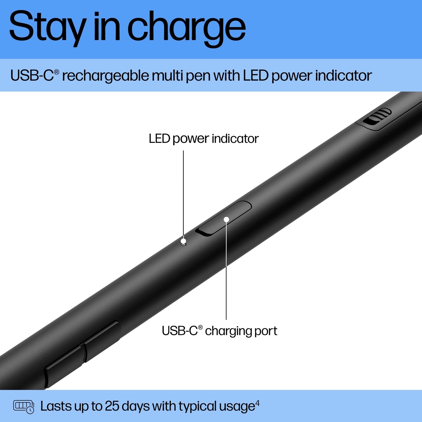 HP 700 Rechargeable Multi Pen | Universal | Built-In Lithium-Ion Battery | USB-C Charging | Up to 25 Days Battery Life | Programmable Buttons | Adjustable Tilt, Pressure | Black