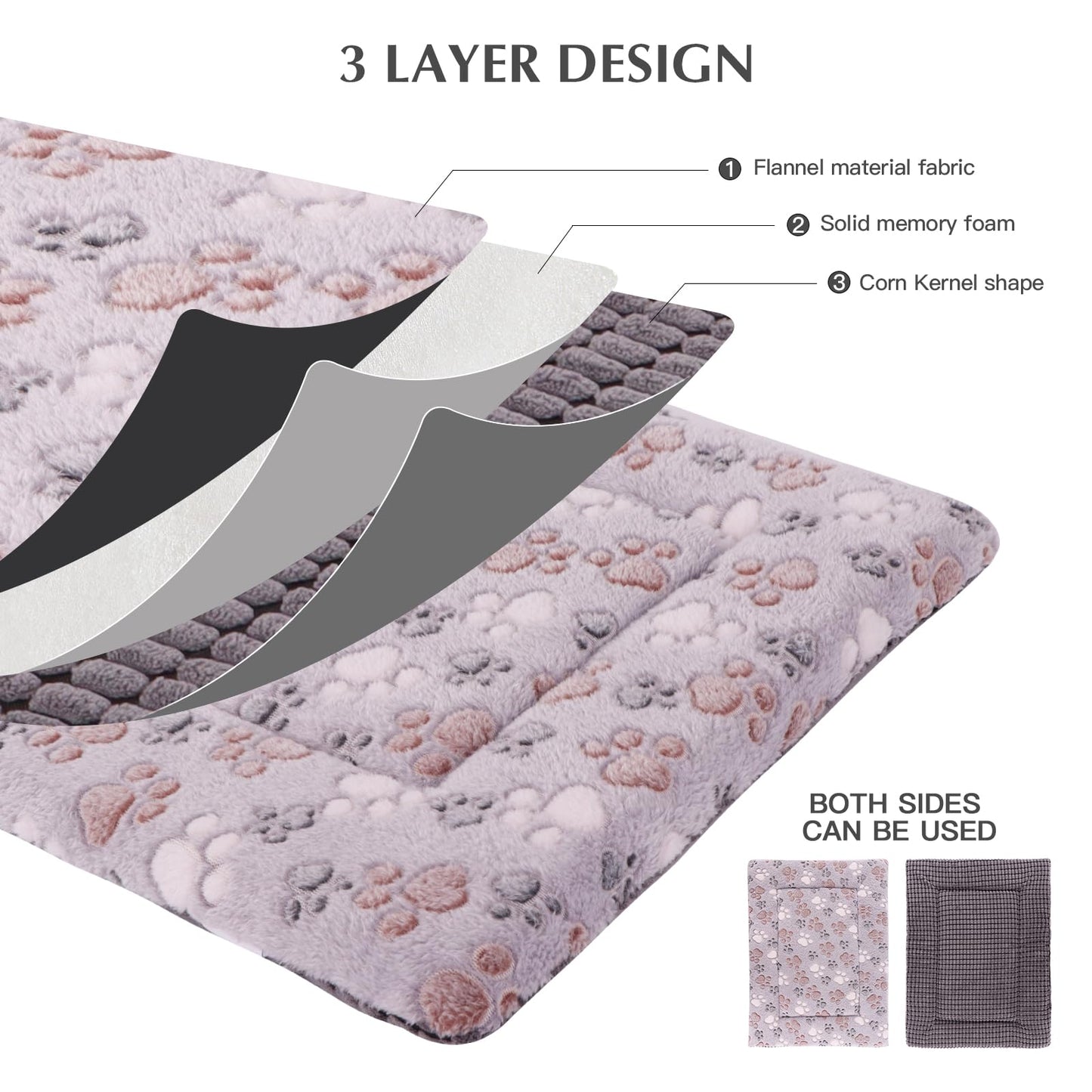 BVAGSS Dog Bed Mat,Reversible Dog Crate Pad, Memory Foam Dog Beds, Soft Warm Pet Cushion for Small Medium Dogs, Washable Pet Sleeping Mattress Kennel Bed Pad XH079 (76x50x4cm,Grey Paw)