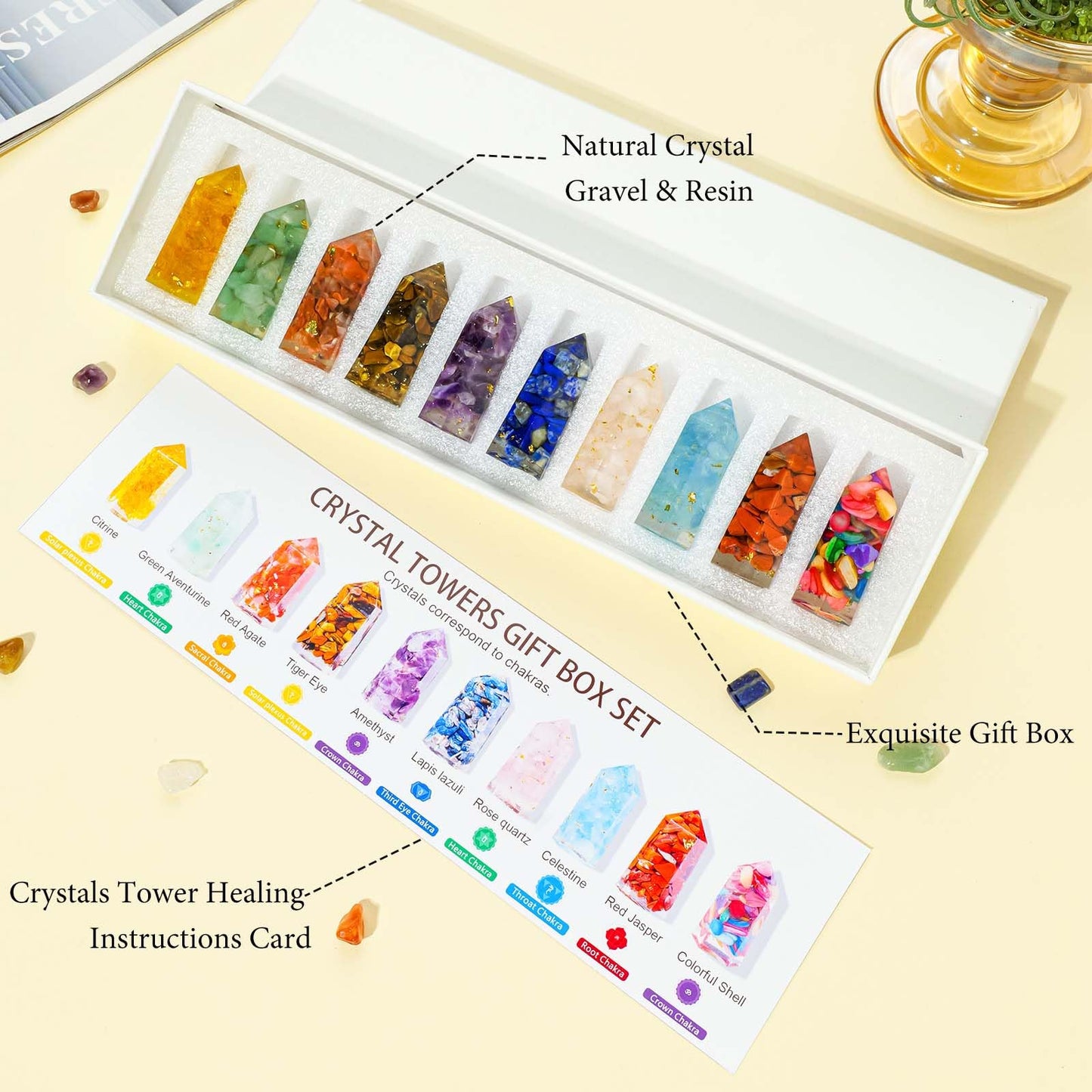 Runyangshi 10pcs Chakra Crystals Tower Set Handmade with Natural Crystal Gravel & Resin 6-Faceted Single Point Crystal Wand for Meditation Home Decor Gift (Chakra Set 10pcs C, 1.57"-1.96" (4-5cm))
