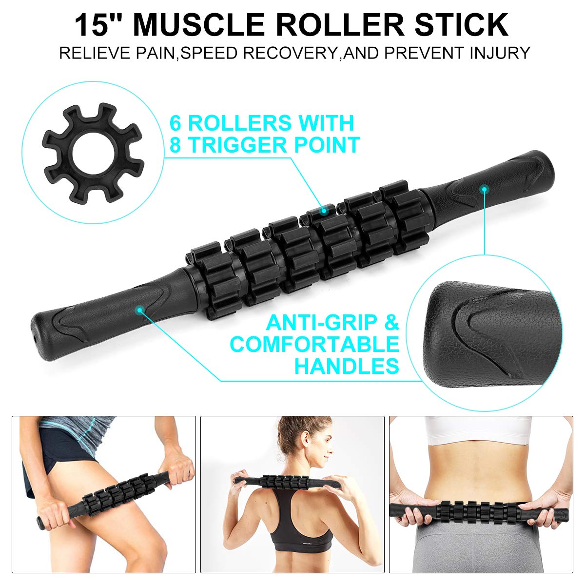Foam Roller Set - High Density Back Roller, Muscle Roller Stick,2 Foot Fasciitis Ball, Stretching Strap, Massager Ball for Whole Body Physical Therapy & Exercise, Yoga, Back Pain, Leg, Deep Tissue