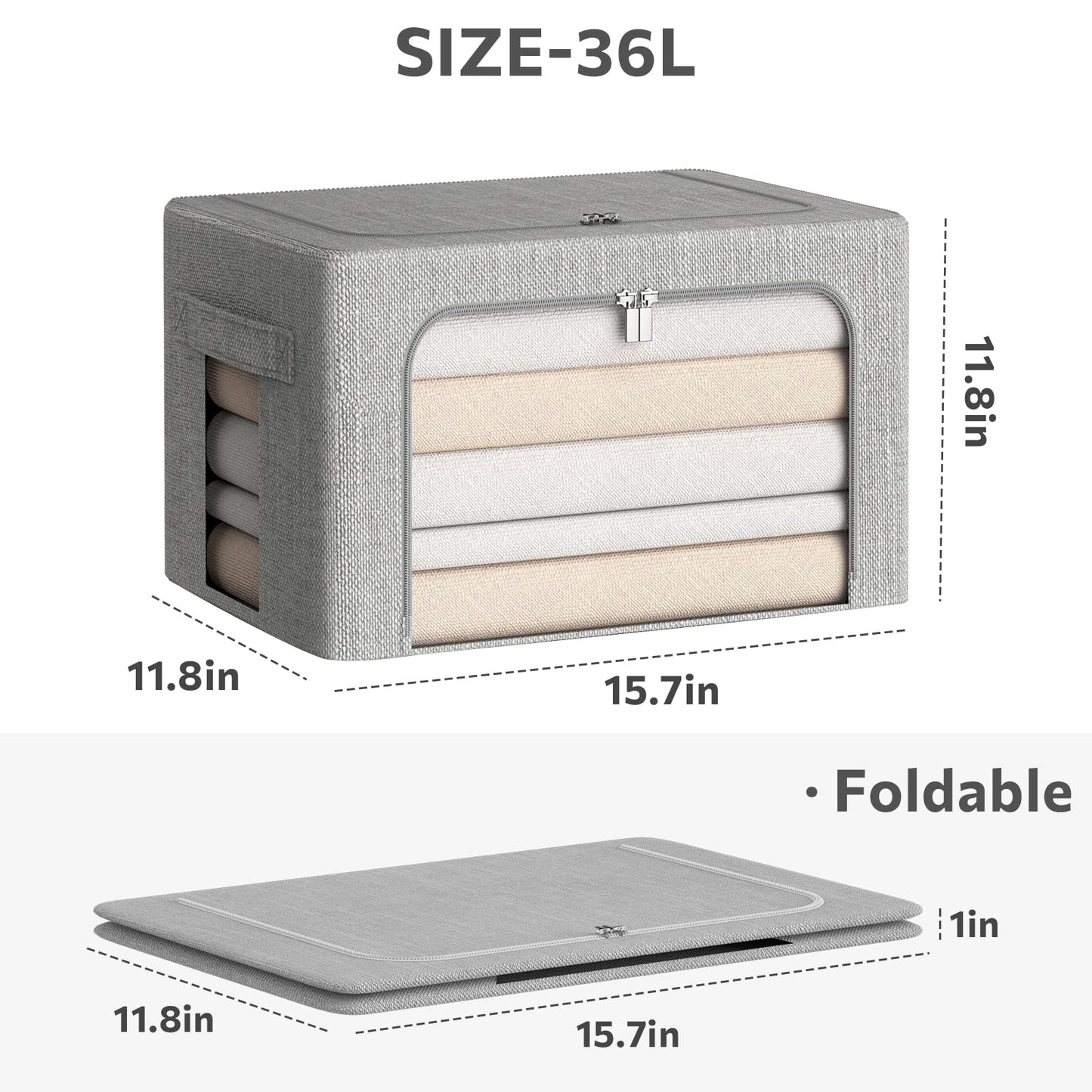 CYhom 3Pack Foldable Storage Bins - Frame Storage Box Linen Fabric Stackable Clothes Container Organizer with Clear Window & Carry Handles Large Capacity (Medium-36L, Light Grey)
