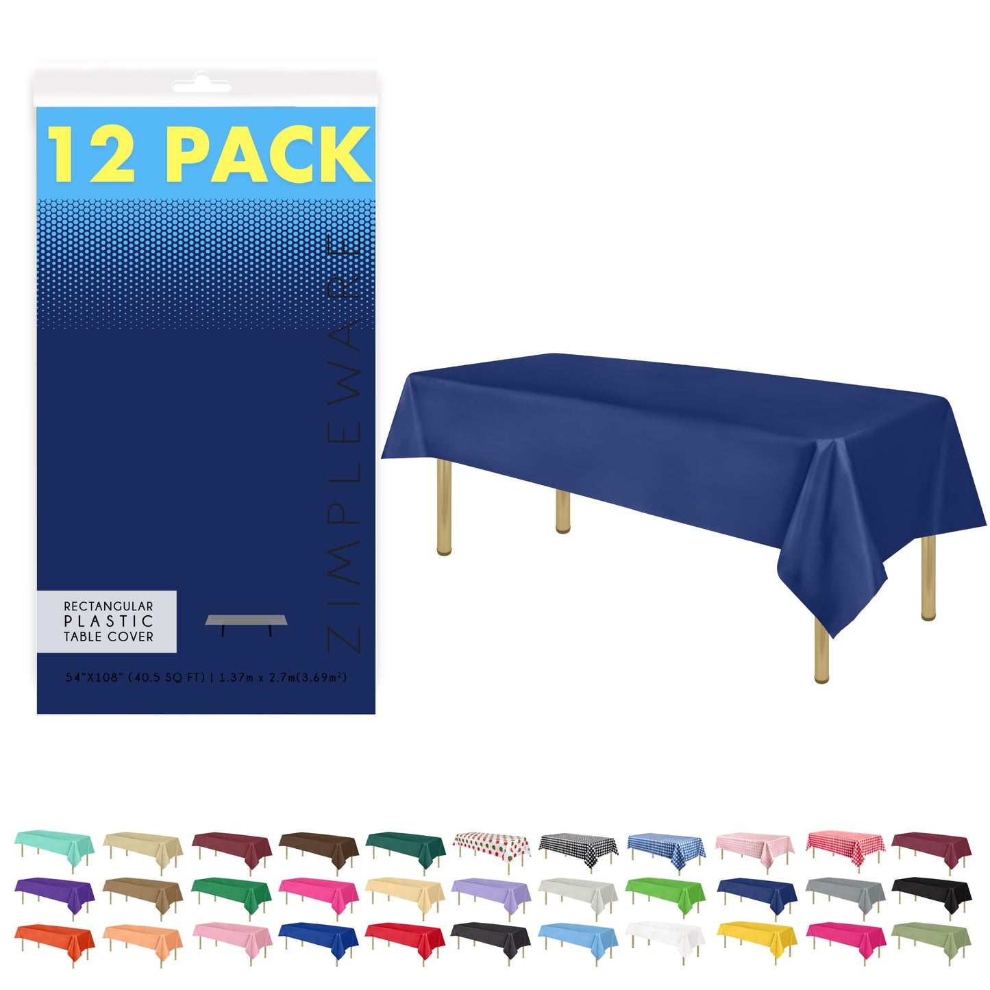 Zimpleware Navy Blue Standard Disposable Plastic Party Tablecloth [12-Pack] 54 x 108” Rectangle Table Cover for Indoor & Outdoor Use by