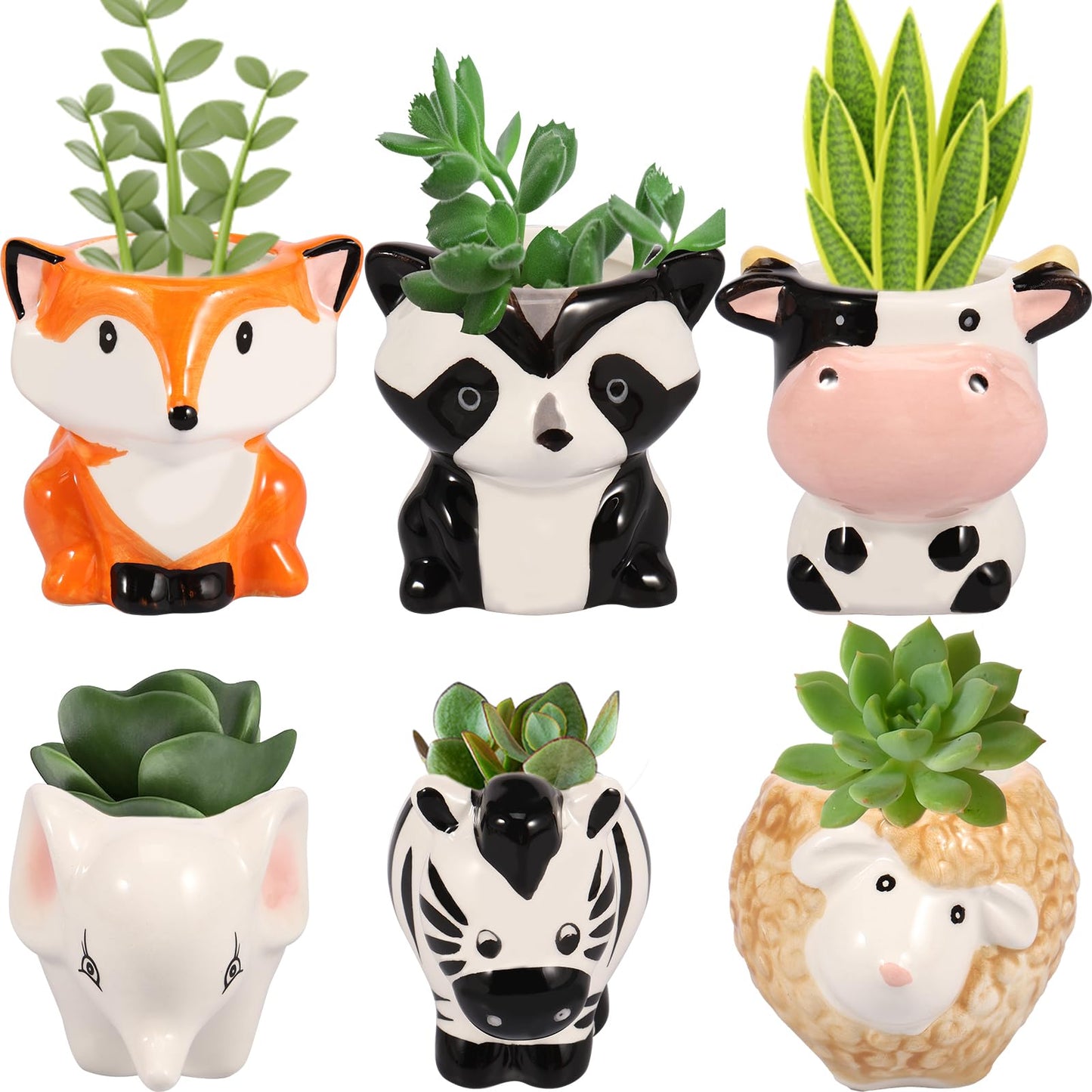 KTZCTPCA 6Pcs Animal Ceramics Planter, 3" Cartoon Ceramic Succulent Pots with Drain Holes and Bamboo Tray, Ceramics Planter Cute Animal Ceramic Succulent Pots Flower Container for Succulents, Herbs