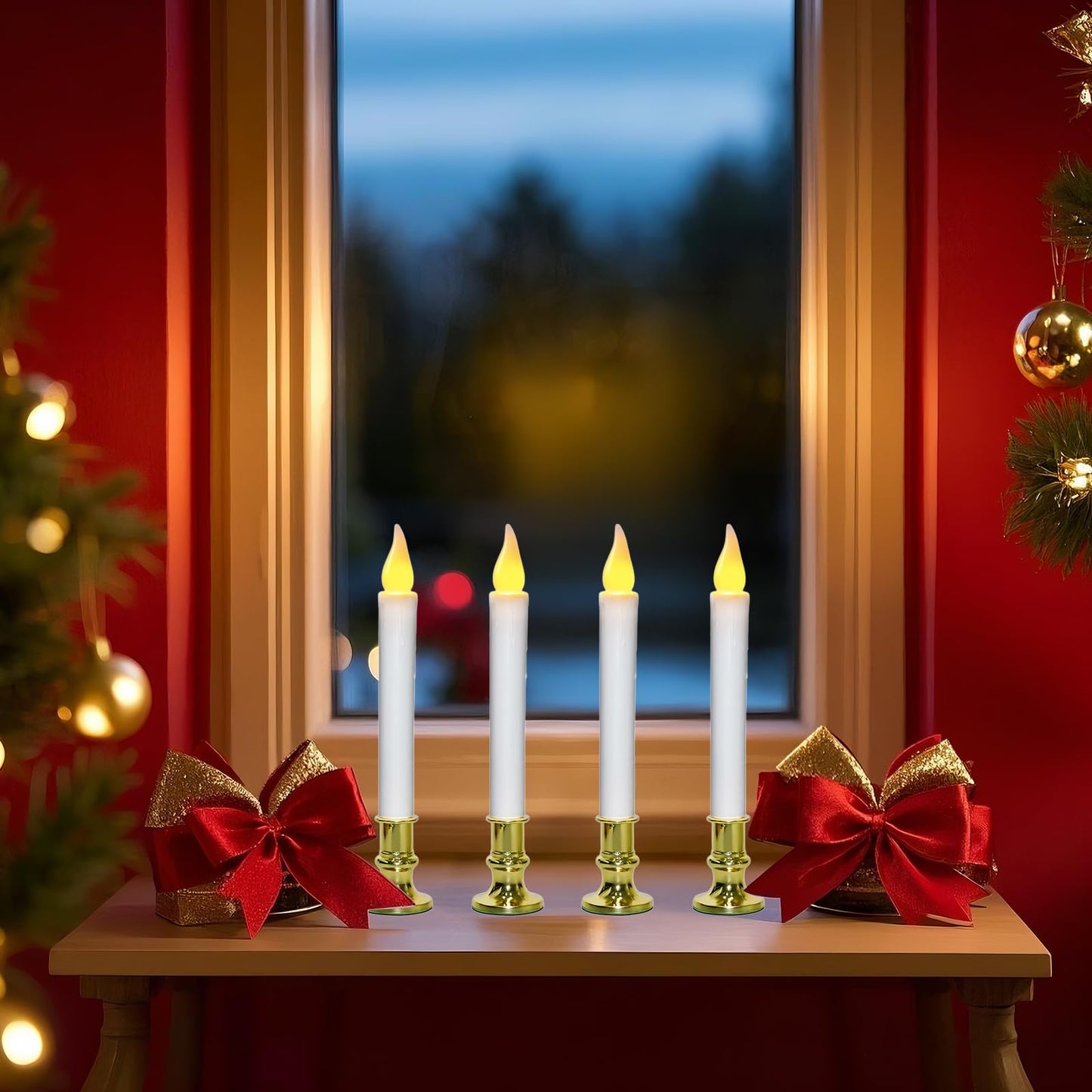 CHYSUPER 4Pack Christmas Window Candles Battery Operated with Timer, 6H/18H Auto On/Off, LED Flameless Candles with Realistic Flickering Flame and Suction Cups for Holiday Home Decor