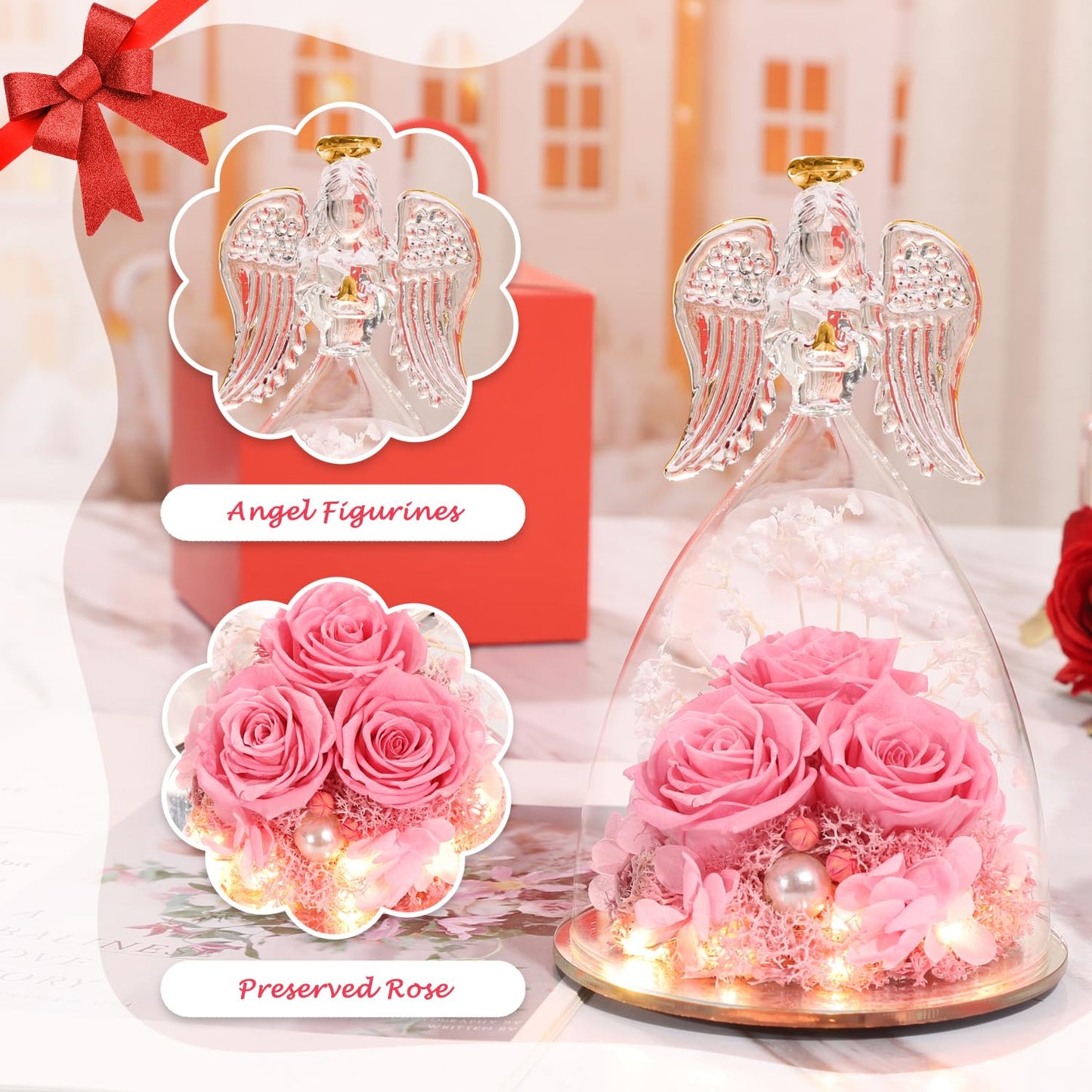 ANWEAO Mothers Day Birthday Gifts for Her Preserved Real Rose in Angel Glass Crystal Angel Figurines,The Best Mothers Day Christmas Anniversary Birthday Gift for Mum Wife (Pink)
