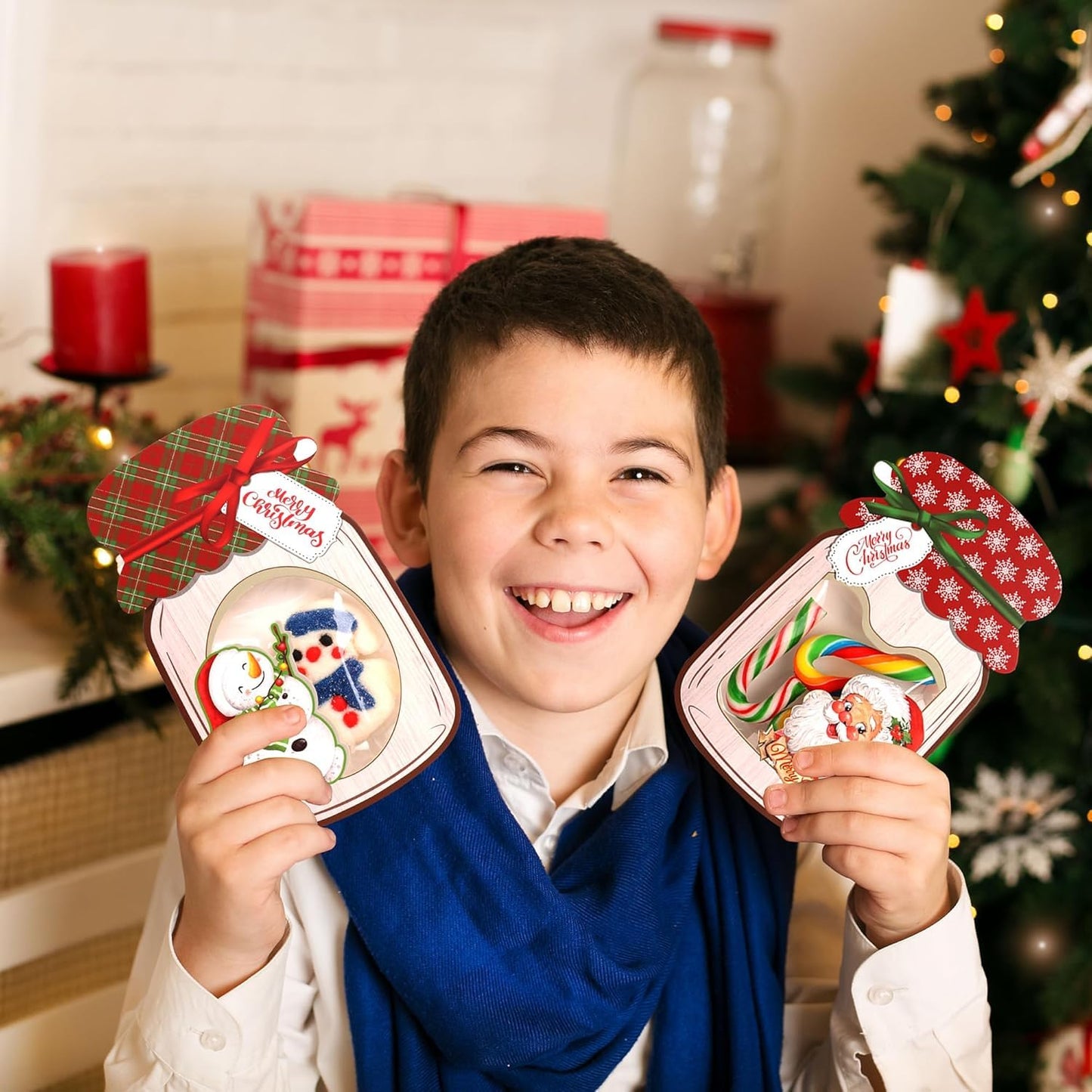 Giiffu Christmas Treat Bags with Cards 48-Pack, Mason Jar Goodie Bag for Kids, DIY Candy Holder for School Classroom Gift Exchange, Bulk Party Favors & Stocking Stuffers