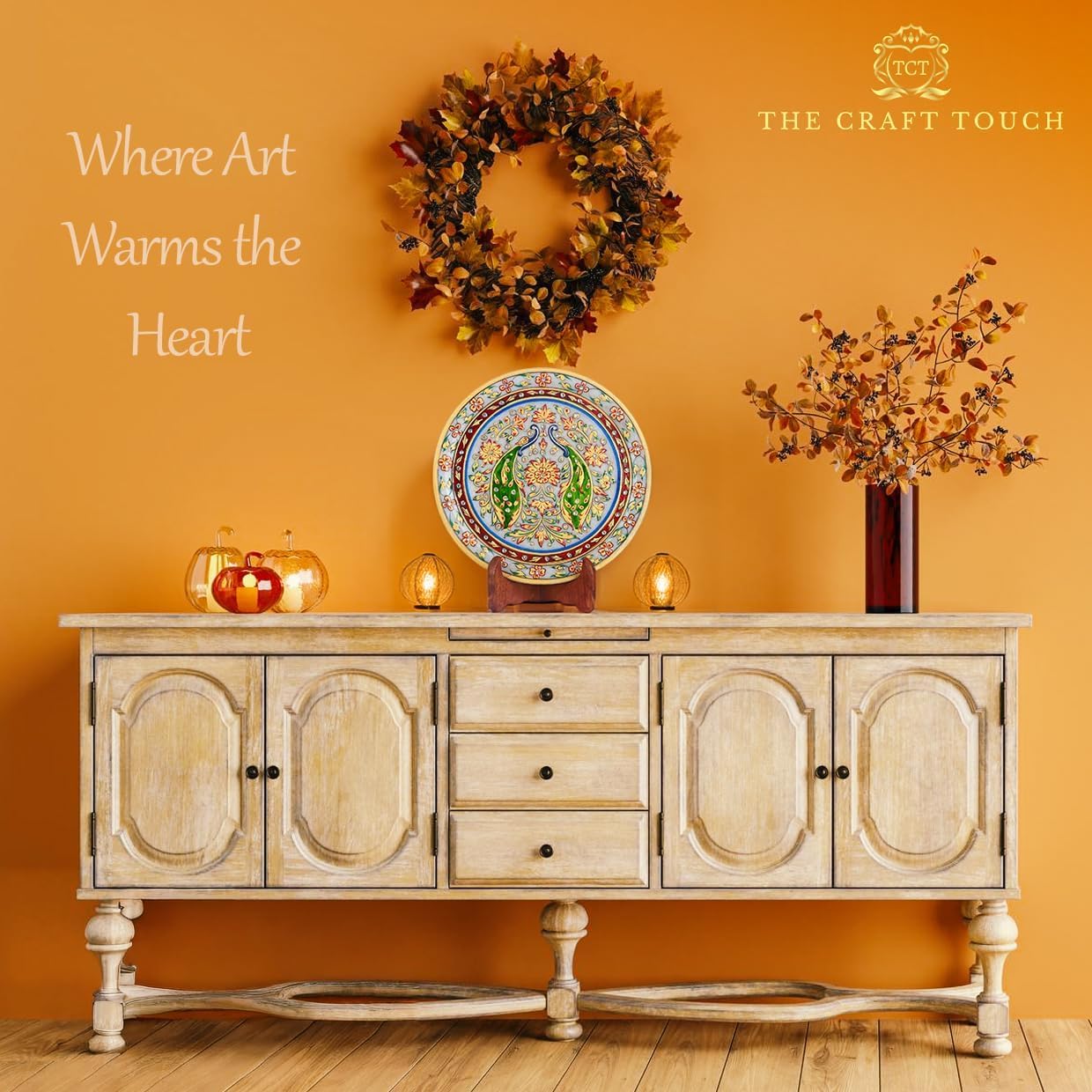 Handcrafted Marble Decorative Art, 9 Inch – Hand-Painted Gold Peacock & Floral , Indian Art Display Accent for Living Room, Entryway & Office & Housewarming Gift (Royal Peacock With Velvet Box)