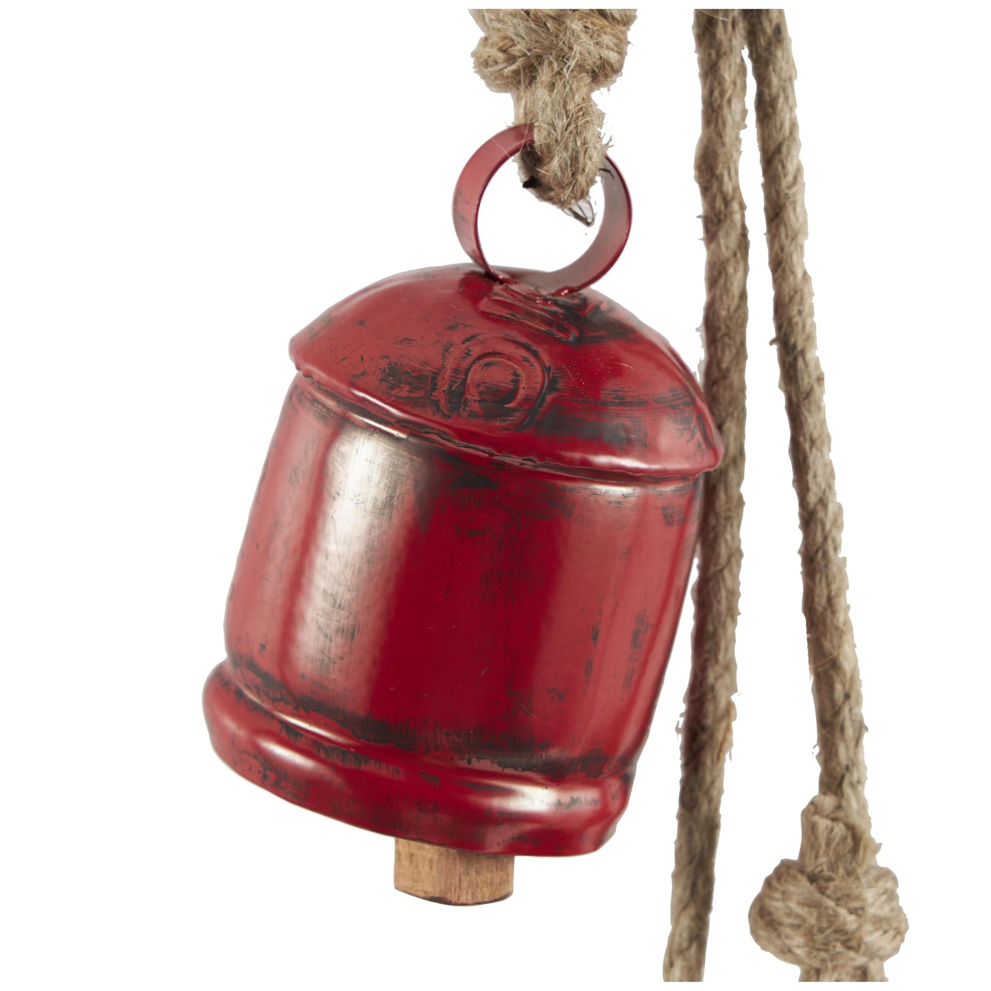 Deco 79 Metal Indoor Outdoor Decorative Cow Bells Tibetan Inspired Cascading Meditation Bell with 4 Bells on Jute Hanging Rope, Cow Bell 3" x 3" x 27", Red