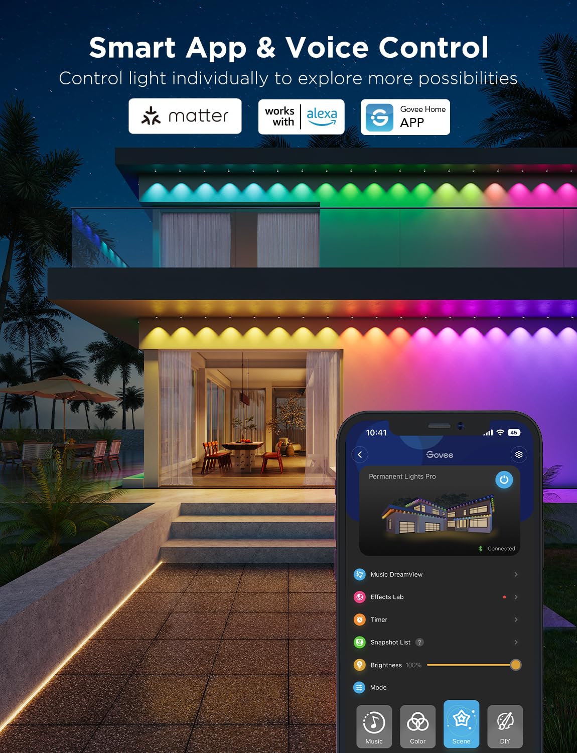 Govee Permanent Outdoor Lights Pro, 200ft with 120 RGBIC LED Lights for Daily and Accent Lighting, 75 Scene Modes for Patio Decor, IP67 Waterproof, Works with Alexa, Google Assistant, Matter, Black