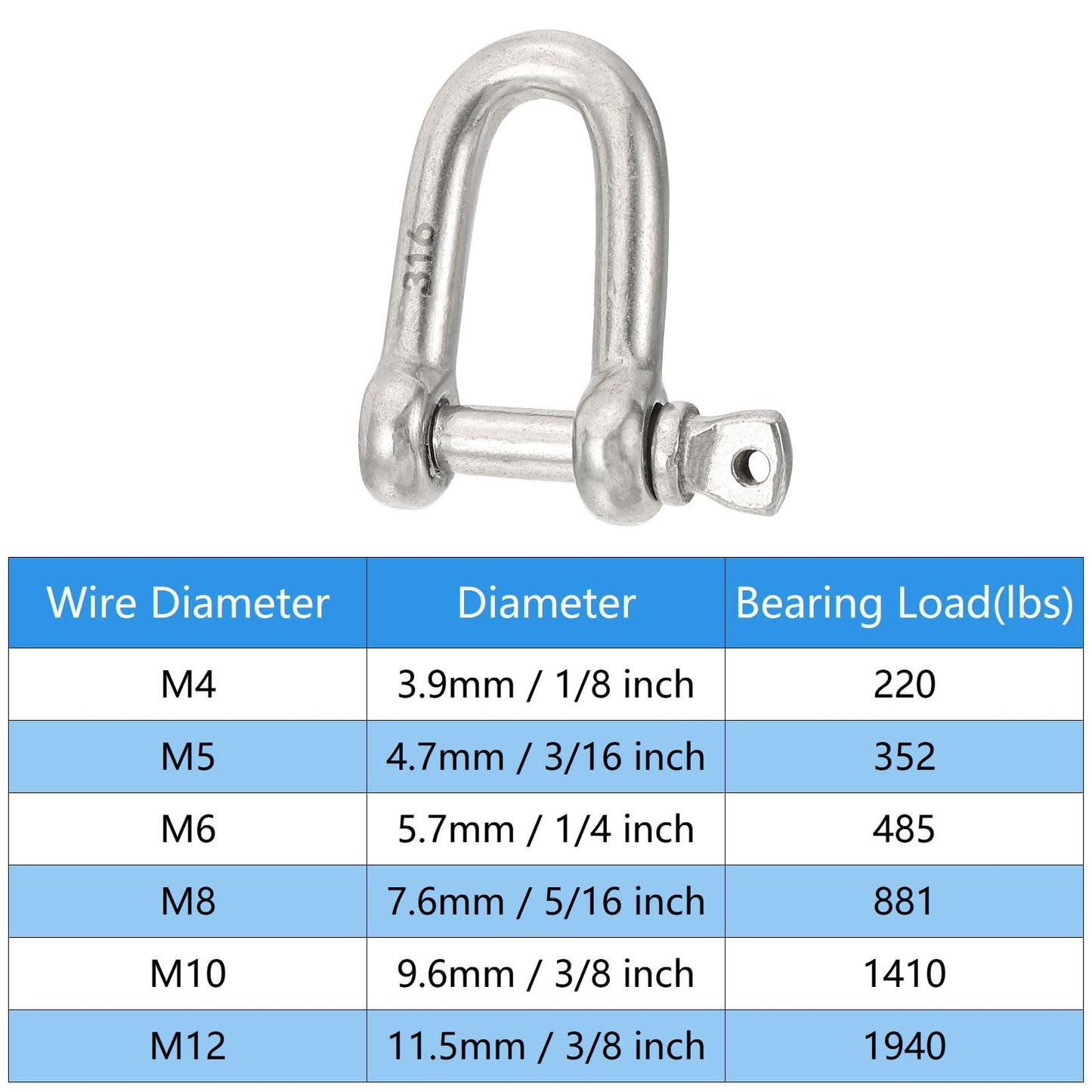 PATIKIL 5/16"(7.74mm) 882lb 316 Stainless Steel D Shackle, 8Pcs Heavy Duty Screw Pin Shackle Marine Grade for Chains Wire Rope Outdoor, Silver