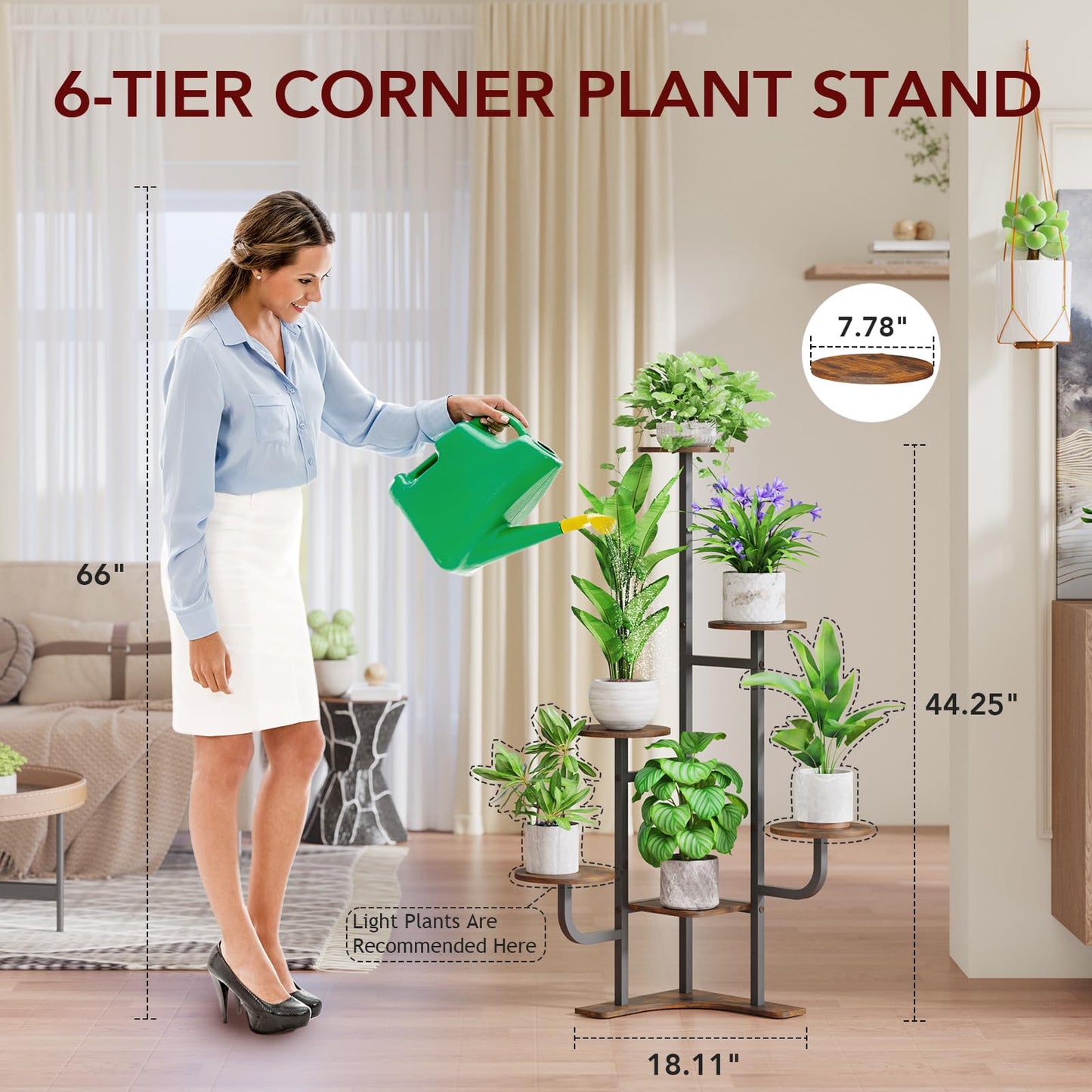 Homsorout Corner Plant Stand with Grow Light - 6 Tier Plant Stand Indoor Round Metal Plant Shelf with Adjustable Light, Plant Organizer for Living Room, Graden, Home Decor (Brown)