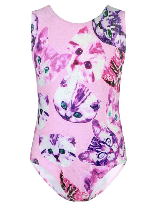TENVDA Girls Gymnastics Leotards Size 5 6 Years Old Sparkle Pink Cat Pattern Tumbling Outfit Stretchy Comfy Bodysuits