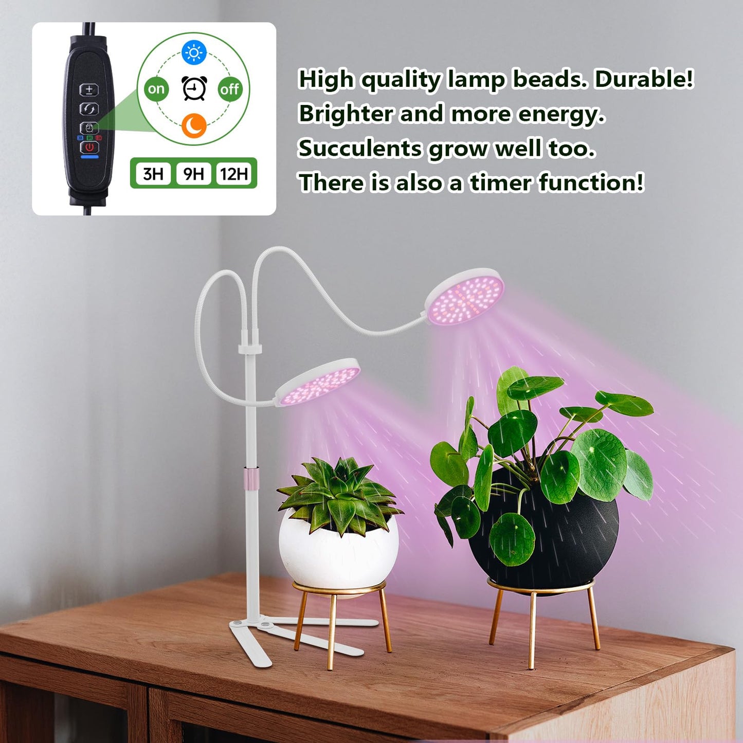 BeModel Super-Energy Tabletop LED Grow Lights 9.8"-32"Height Adjustable for Indoor Small/Medium Plants 6000K Full Spectrum with 3 Dimmable Model, Auto On Off Timing 3 9 12Hrs, 5 Brightness(Puck White)