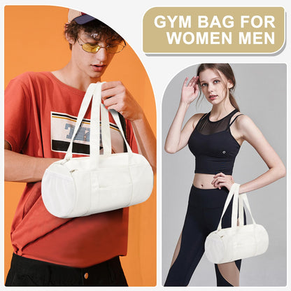 Small Gym Bag 13.78"x6.7"x6.7" Carry On Duffel Bag, Mini Personal Item Bag Lightweight Tote Weekender Overnight Bags for Women and Men Sports, Traveling, Swimming, Yoga (Cream Color)