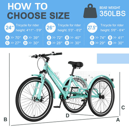 Slsy Adult Mountain Tricycle, 7 Speed Three Wheel Bike, 24/26 Inch Adults Trikes for Seniors with Shopping Basket, Exercise Men's Women's Tricycles