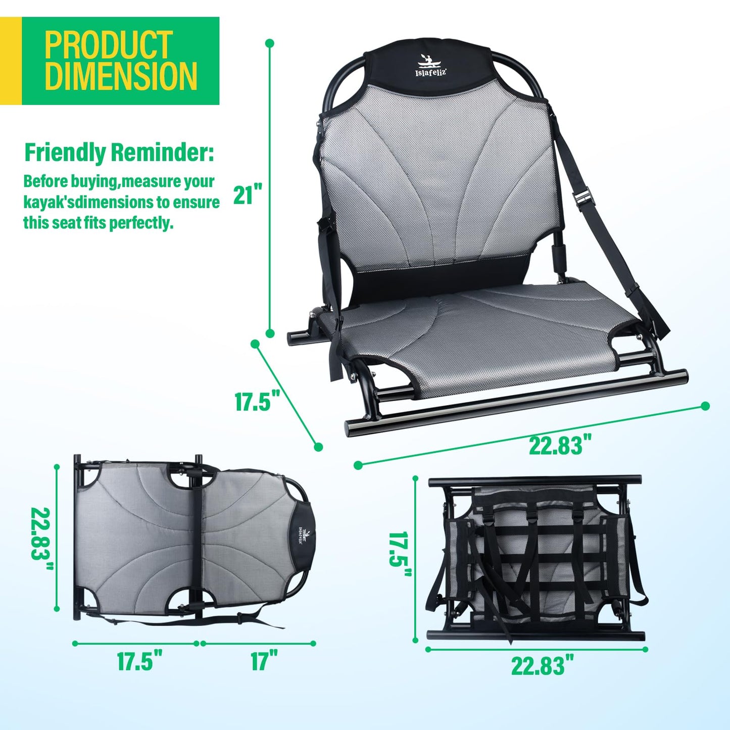 Islafeliz Aluminum Frame Kayak Seat Replacement – Breathable Mesh Stadium Chair for Sit-On-Top Fishing Kayaks & Canoes – High Back Support & Adjustable Straps