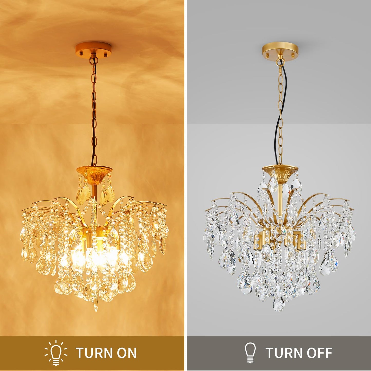 FashEase K9 Crystal Chandeliers, Mid-Century Modern Style for Living Room, Bedroom, Dining Room, D20in x 20-70in Adjustable Height, Gold Finish