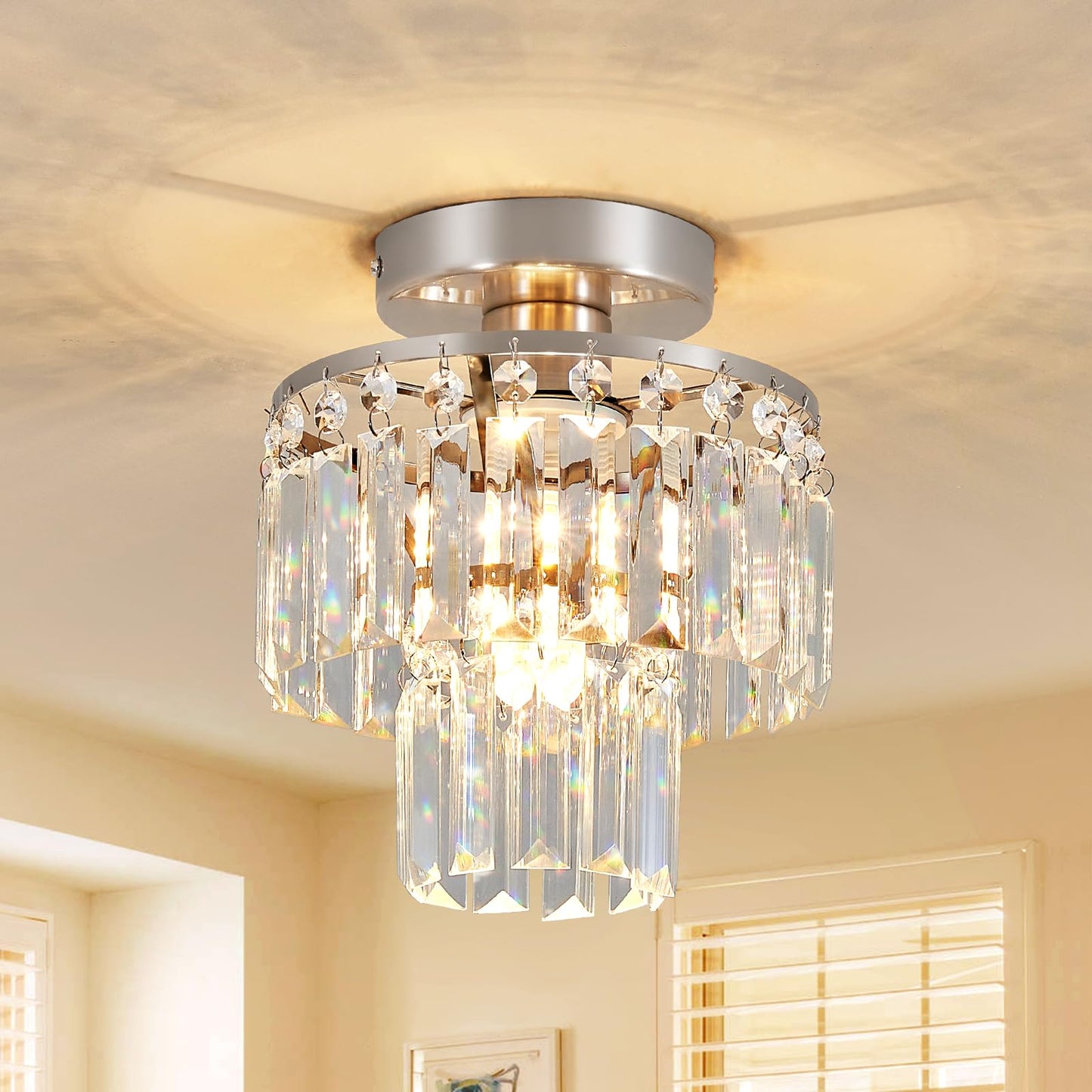 XPEHK Crystal Ceiling Chandelier,Mini Chandelier Light Fixture with K9 Crystals,Brushed Nickel Finish for Living Room Entryway Bedroom Laundry Room,1-Light E26 Base