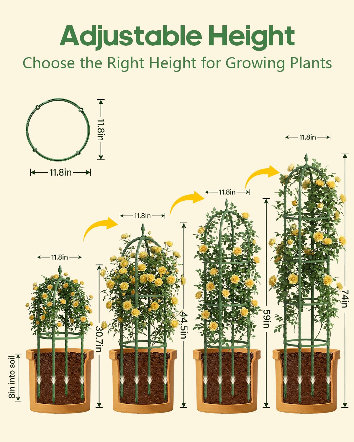 Joyhalo 2 Pack Trellis for Climbing Plants Outdoor, 6.2ft High Adjustable Garden Trellis for Flowers, Green Plastic Coated Steel Plant Stakes Use As Tomato Cage