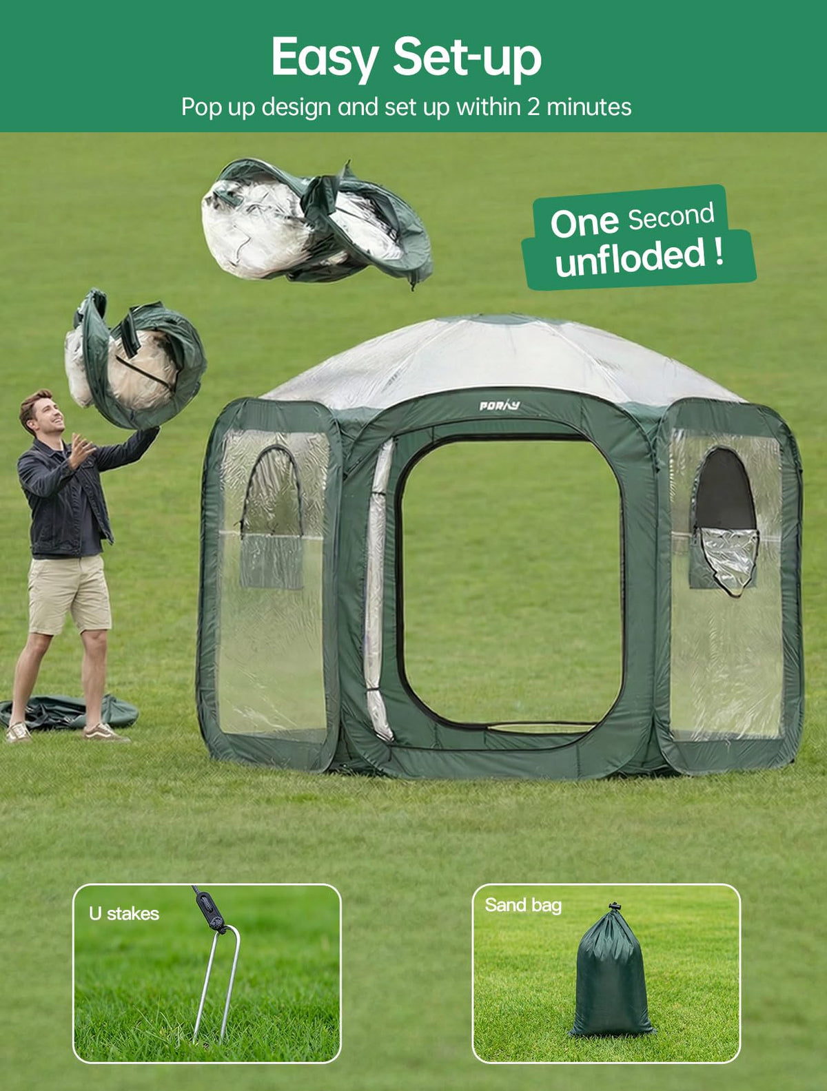 Porayhut Pop up Greenhouse Tent,Portable Large Walk-in Plant House 10’X10’ ,Indoor Outdoor Gardening Plant Sunshine Room with PVC Mesh Cloth Cover for Protecting Plant from Cold Frost & Birds