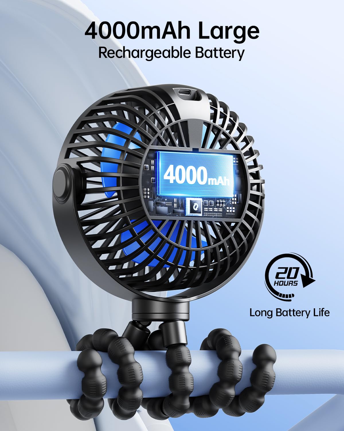 SWEETFULL Portable Stroller Fan with Display 4000mAh Battery Powered Mini Clip On Fan, 4-Speed Rechargeable Small Personal Cooling for Baby Car Seat Crib Travel - Black