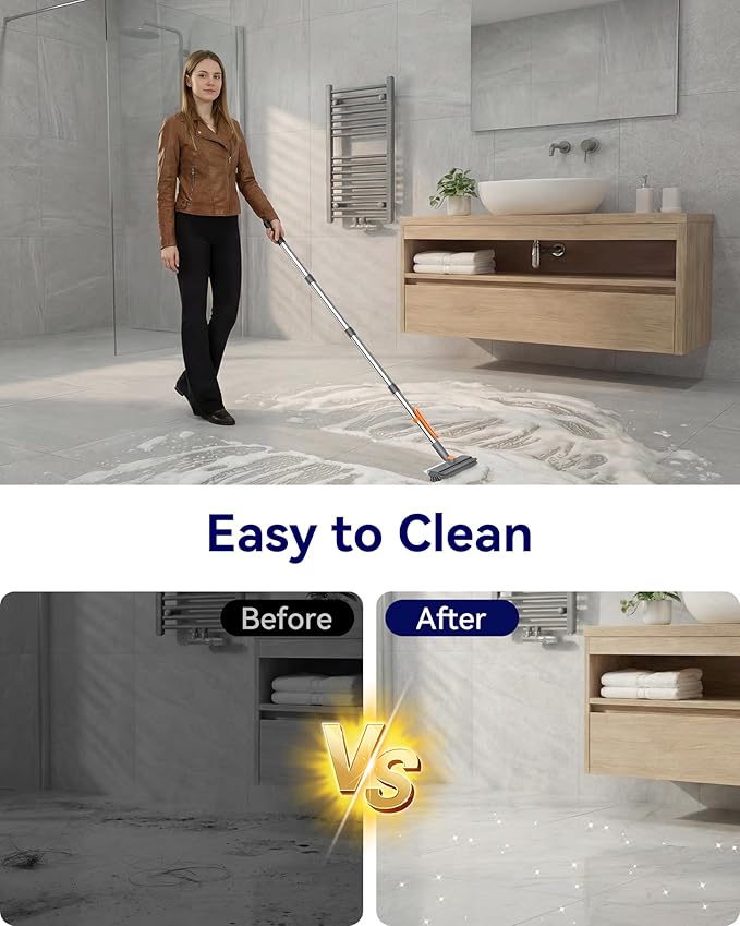 Small Floor Scrub Brush with Length Adjustable Long Handle, 3 in 1 Heavy-Duty