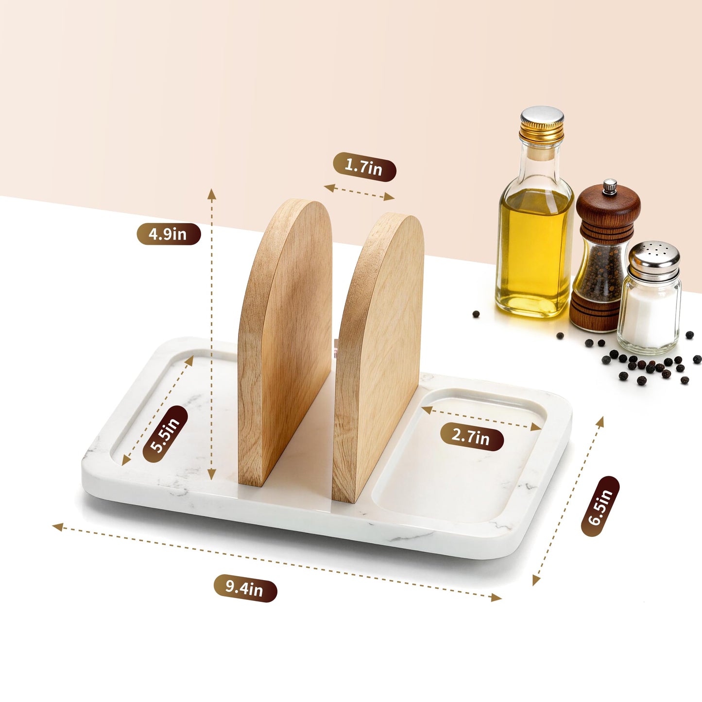 Joapsinn Rotating Napkin Holder for Table, Napkin Dispenser with Marble Base & Wood Divider, Napkin Holder with Salt and Pepper Shakers Caddy for Kitchen Dinner Table Decor - Shakers Not Included