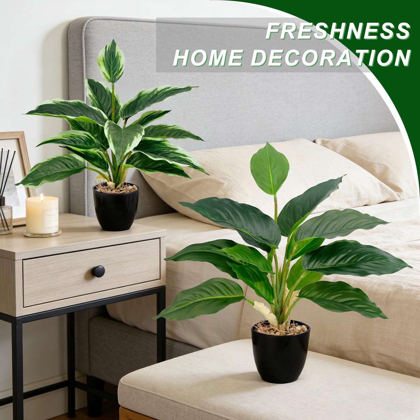 VUAHAUL 2 Pack Artificial Potted Plants, 16" Fake Plants Indoor in Black Pots for Home Bathroom, Office Desk, Shelf - Realistic Faux Greenery for Living Room, Kitchen, Farmhouse Decor