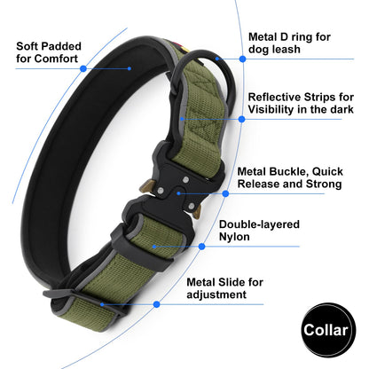Plutus Pet Tactical Dog Collar, Reflective, Adjustable Heavy Duty Dog Collar, Soft Padded and Comfortable, for Small Medium and Large Dogs (Ranger Green, L)