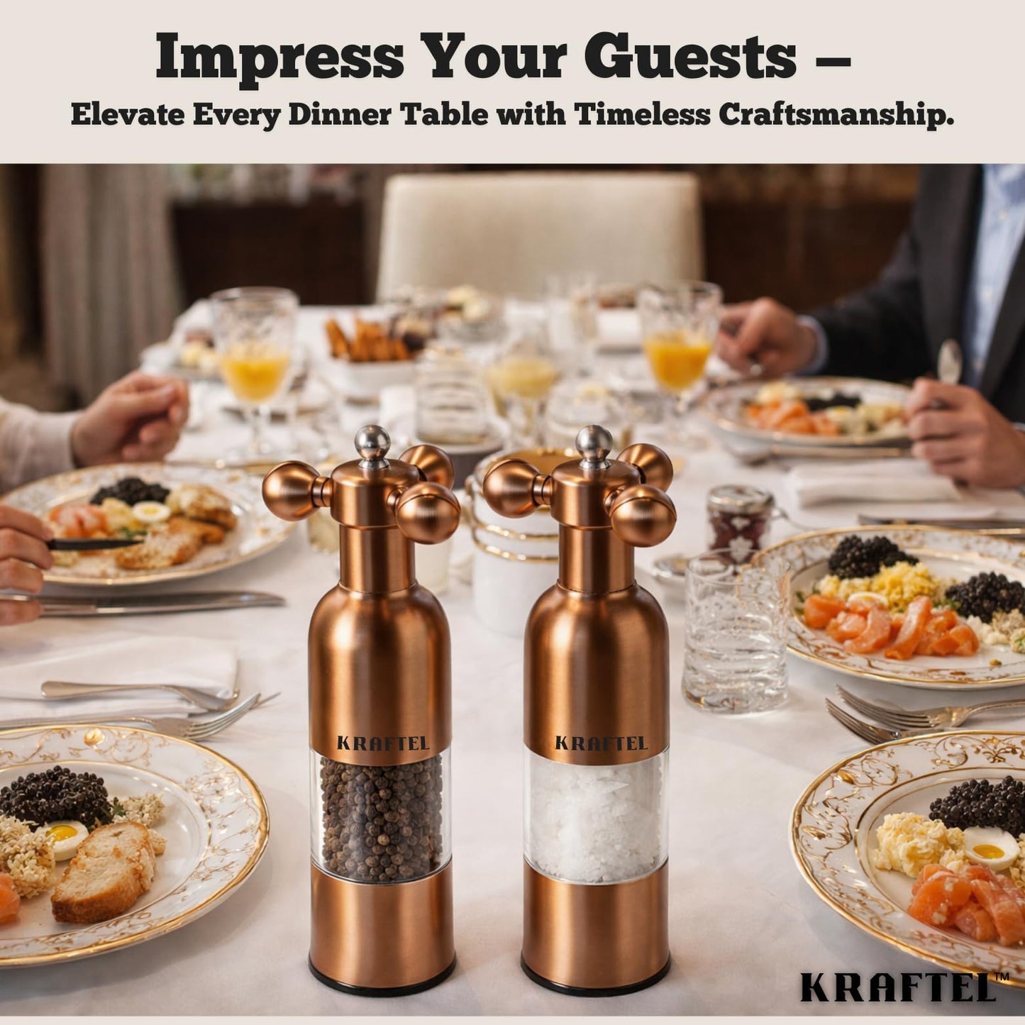 KRAFTEL Premium 8" Salt and Pepper Grinder 2PK. Large Peppermill - Refillable, Adjustable Coarse, Antique Stainless Steel Spice Shaker. Clear Acrylic aesthetic - Cute Copper Color Kitchen Gift for Mom
