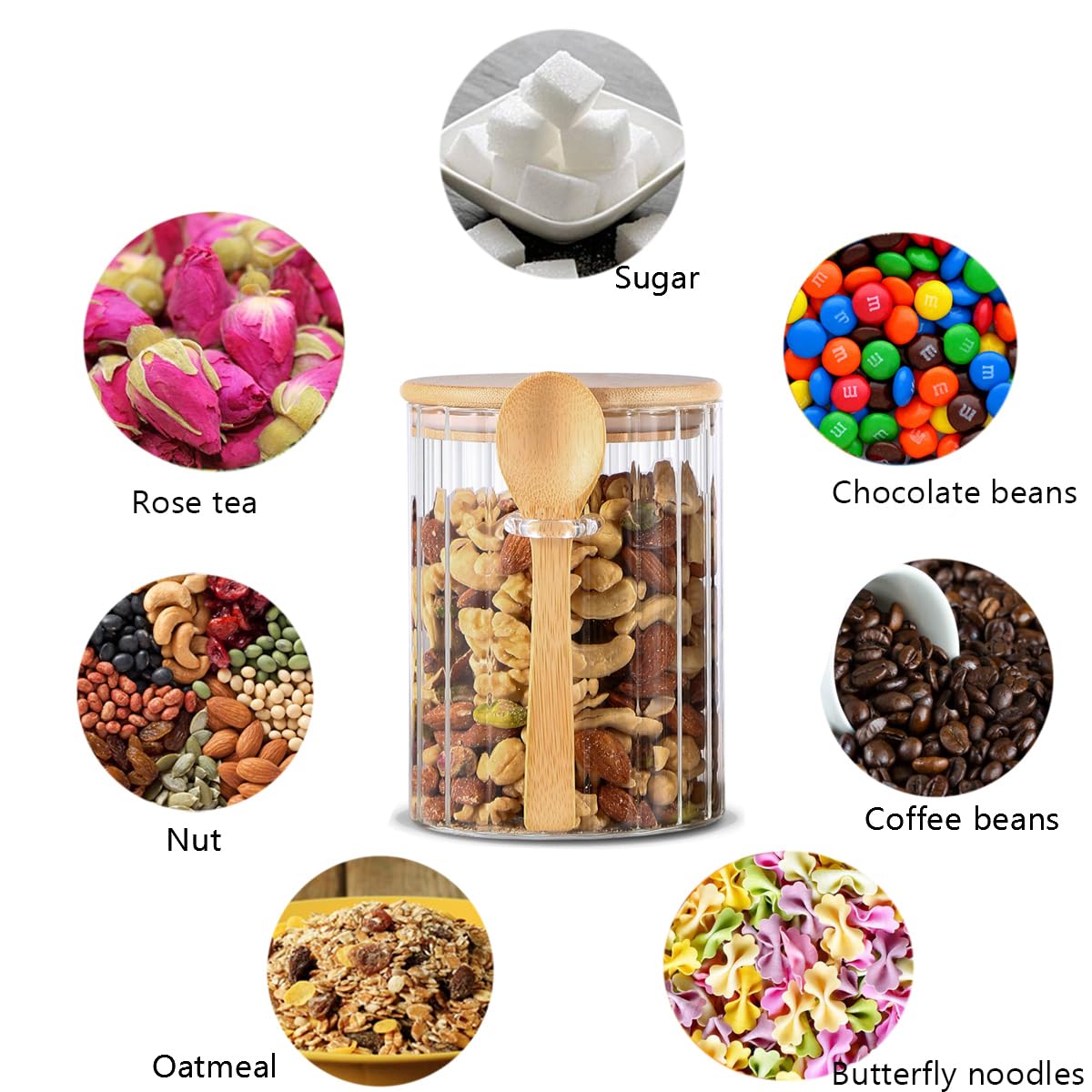 Glass Jar Sugar Container with Bamboo Spoons Lids 16 oz Sugar Bowl Coffee Bar Food Storage Jar Cereal Nuts Salts Coffee Tea Flour Sugar Container Spice（2Pack）