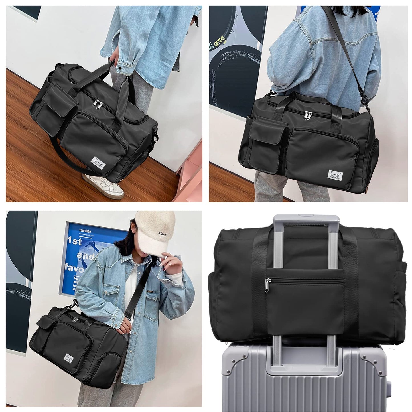 Suruid Sports Gym Duffel Bag with Shoes Compartment and Dry Wet Separated Pocket for Men and Women - Overnight Weekender Training Handbag Yoga Bag - Black