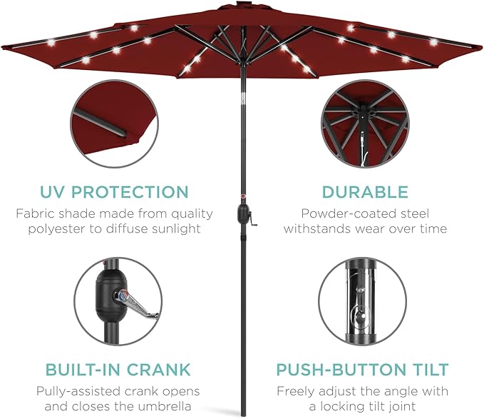 Best Choice Products 10ft Solar Polyester LED Lighted Patio Umbrella w/Tilt Adjustment and UV-Resistant Fabric
