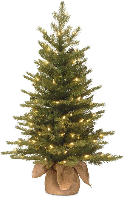 National Tree Company 3 ft Pre-Lit Nordic Spruce Mini Artificial Christmas Tree, 100 Clear Lights, 363 Tips, Burlap Base, Green