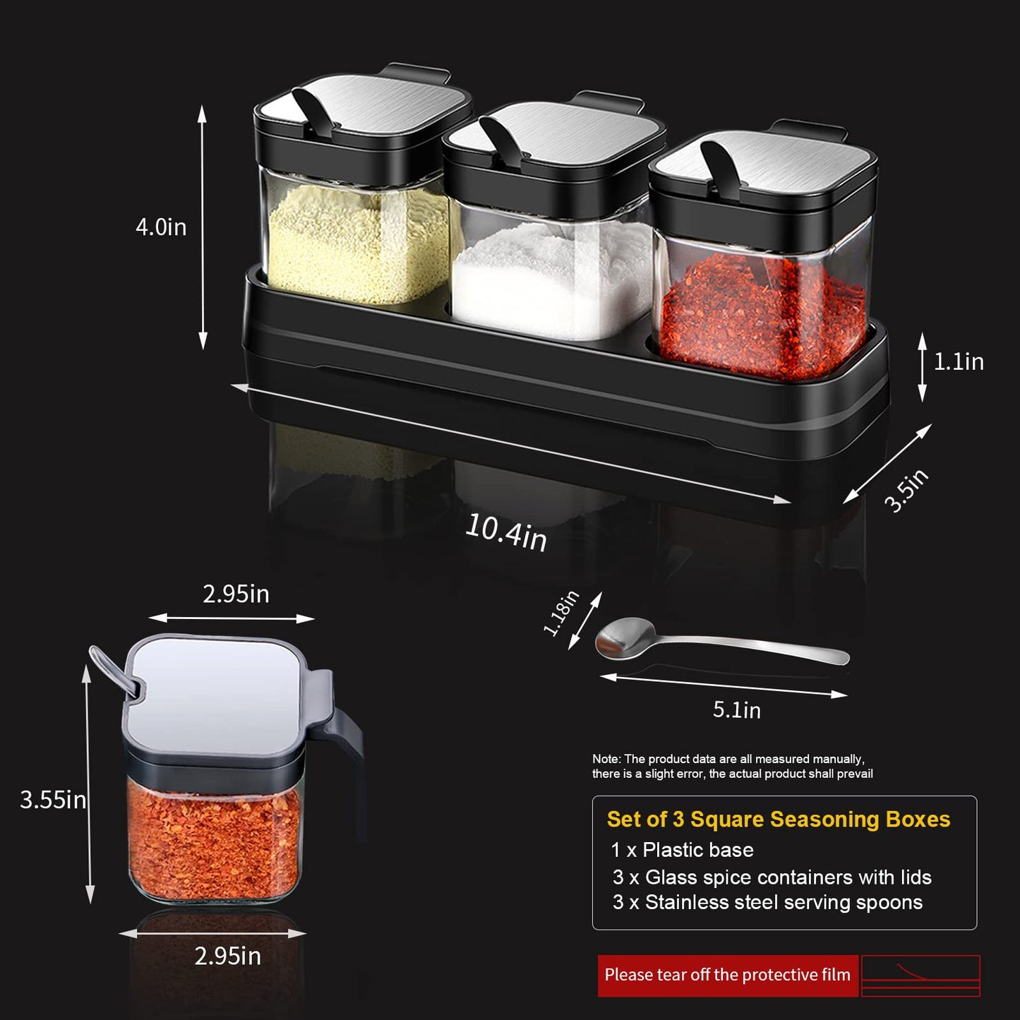 Clear Glass Condiment Canisters Pots, 8 oz Condiment Jar Spice Container with 304 Stainless Steel Lids and Spoons, Glass Seasoning Box Set of 3 Spice Jars Salt Container Sugar Bowl for Kitchen(Black)
