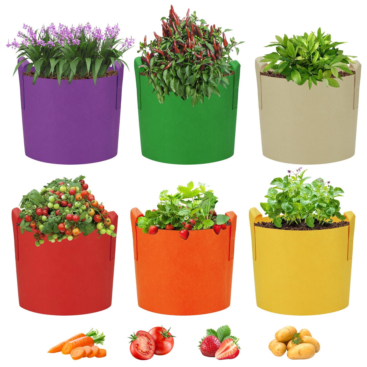 Ohiyoo 6 Pack 15 Gallon Grow Bags, Colorful Fabric Plant Pots with Handles, Garden 10 Gal Fabric Grow Pots, Vegetable Plant Growing Bags for Garden (15 Gallon)