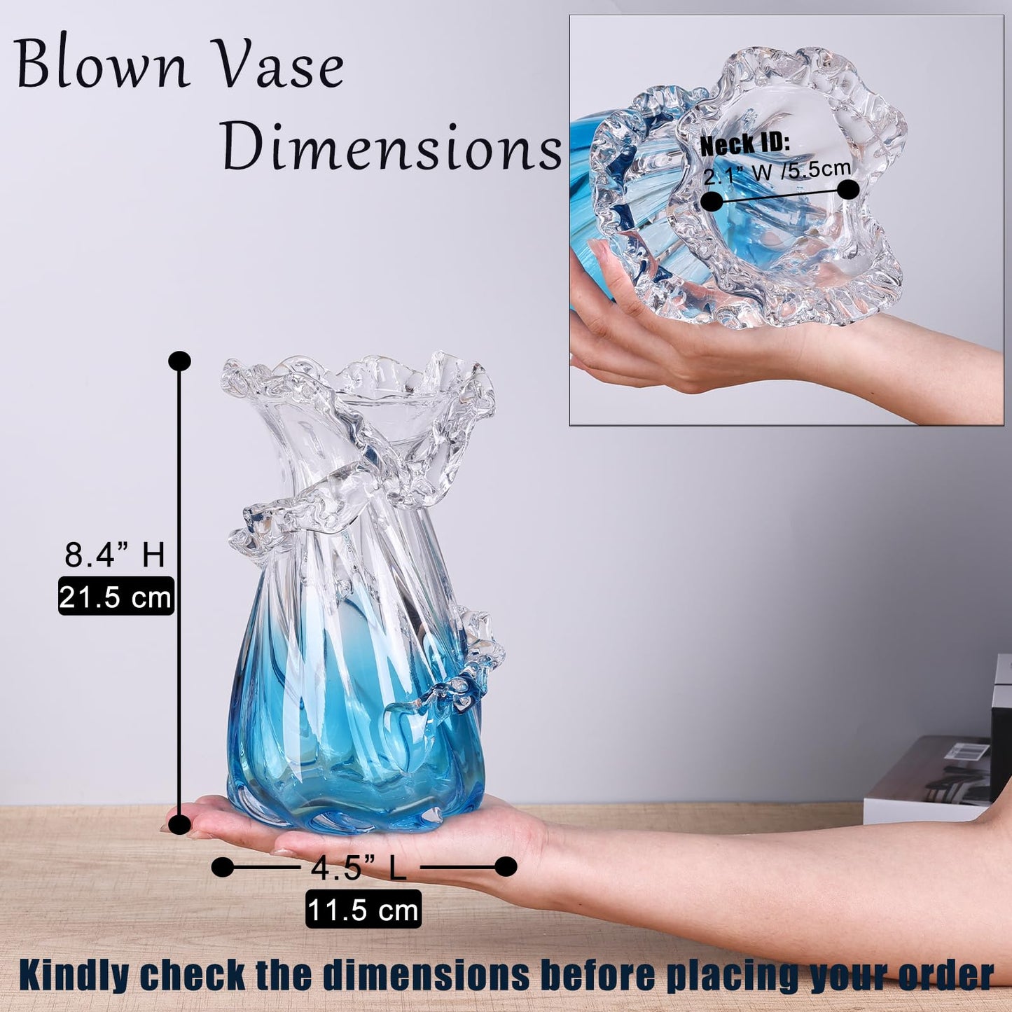 oliruim Blown Blue Glass Vase, Unique Ocean Wave Artistic Glass Centerpiece for Coastal Home Decor, Coffee Table, Living Room Console Table, Fireplace Mantel (Small)