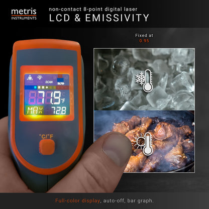 Metris Instruments Digital Infrared Thermometer Gun Laser Temperature Gauge for Cooking, Grill, Pizza Oven, HVAC Tools, 8-Point, 76o to 932o F [-60o to 500o C] 12:1 D:S Ratio, Model TN418L1