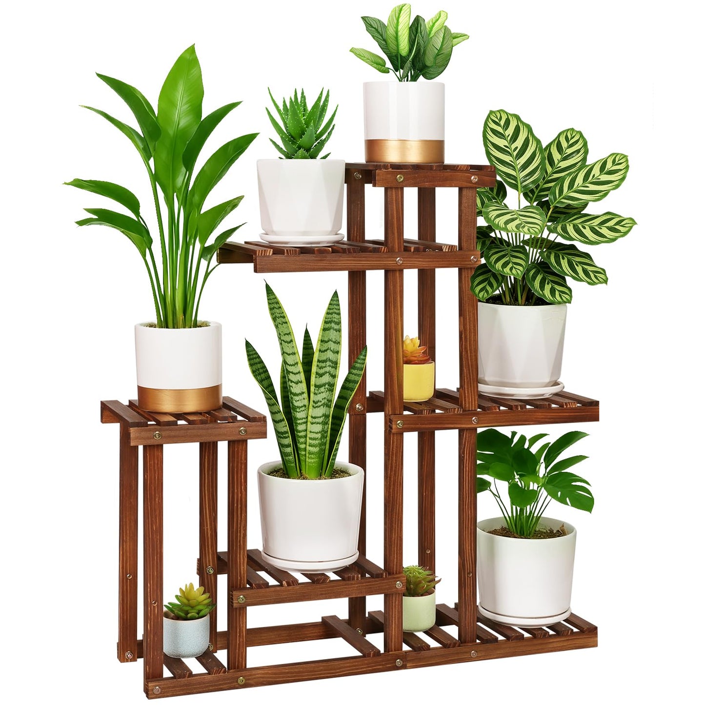 Carbonized Wood Plant Stand, 6-Tier Indoor Tiered Plant Shelves, Space-Saving Narrow Wood Plant Rack for Multiple Plants, Sturdy Flower Stand for Living Room/Balcony/Garden/Outdoor, Easy Assembly
