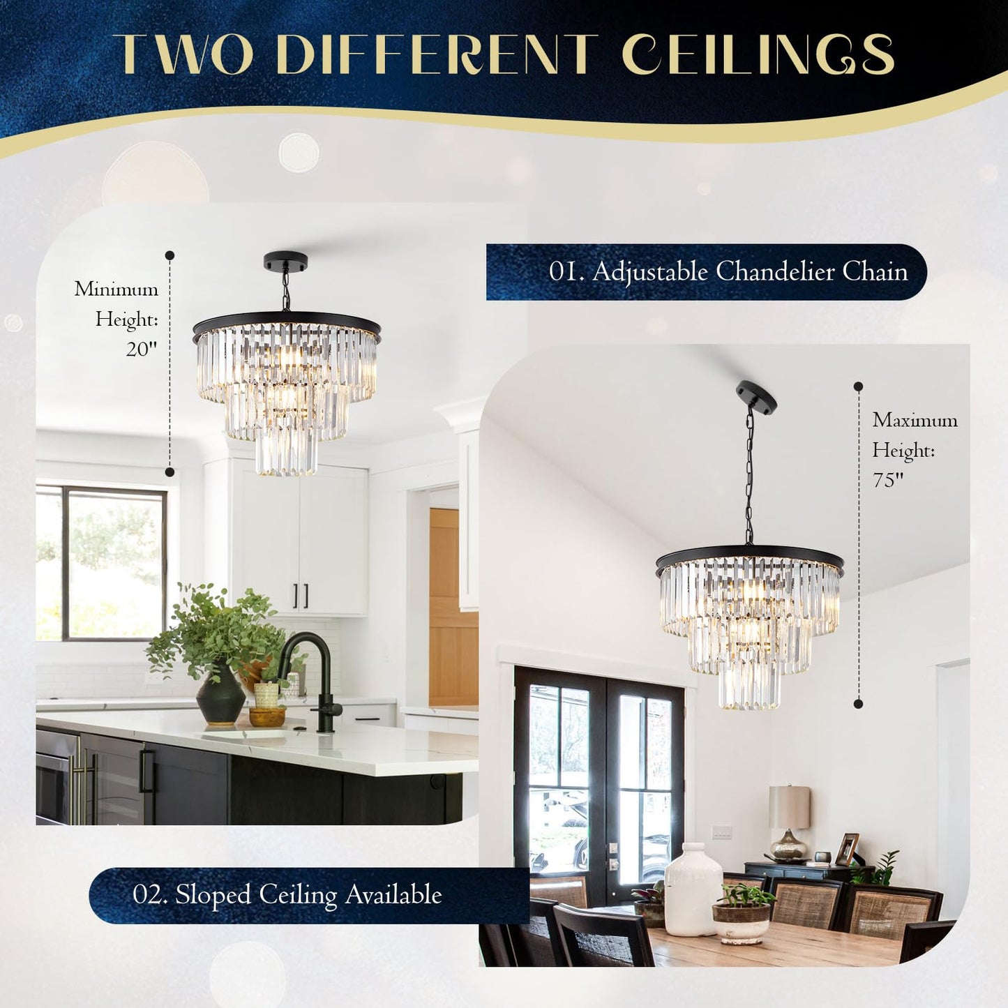 MERINEA Crystal Chandeliers Black Modern Round 20" Chandelier 7 Lights 3-Tier Ceiling Pendant Light Fixture Luxury K9 Crystal Lighting for Living Room Dining Room Bedroom Kitchen Foyer