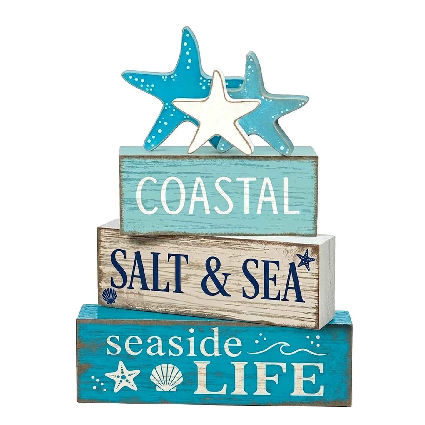 4 Pcs Summer Beach Table Decor Starfish & Seashell Coastal Nautical Wooden Block Signs, Rustic Farmhouse Tiered Tray Decorations for Home Bathroom Office Desk Shelf Mantel