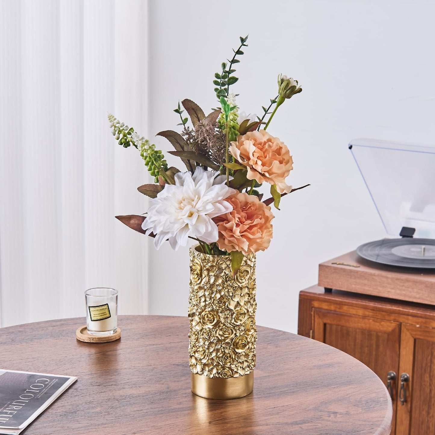 Gold Rose Hand-Carved Resin Vase – 8 Inch Decorative Cylinder Vase for Pampas Grass, Centerpiece, Home Decor | Elegant Entryway, Countertop & Nightstand Accent | Unique Housewarming Gift