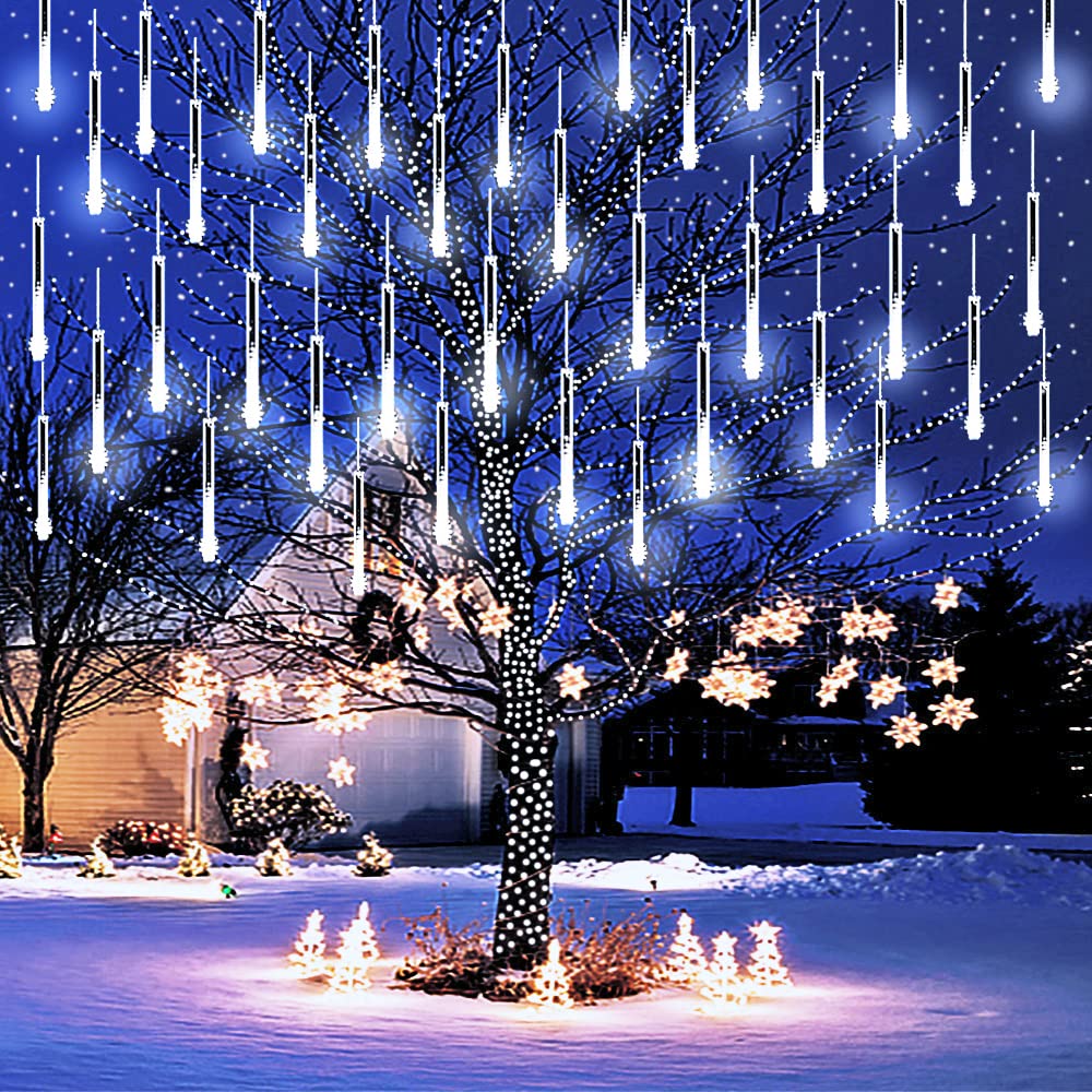 Purtuemy Christmas Lights Outdoor, Meteor Shower Lights 12 inch 8 Tubes LED Snow Falling Icicle for Christmas Decoration Tree Garden Wedding Party Holiday, White