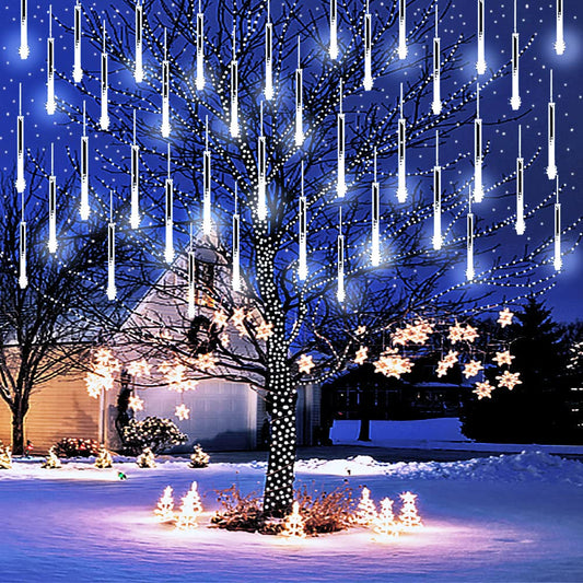 Purtuemy Christmas Lights Outdoor, Meteor Shower Lights 12 inch 8 Tubes LED Snow Falling Icicle for Christmas Decoration Tree Garden Wedding Party Holiday, White