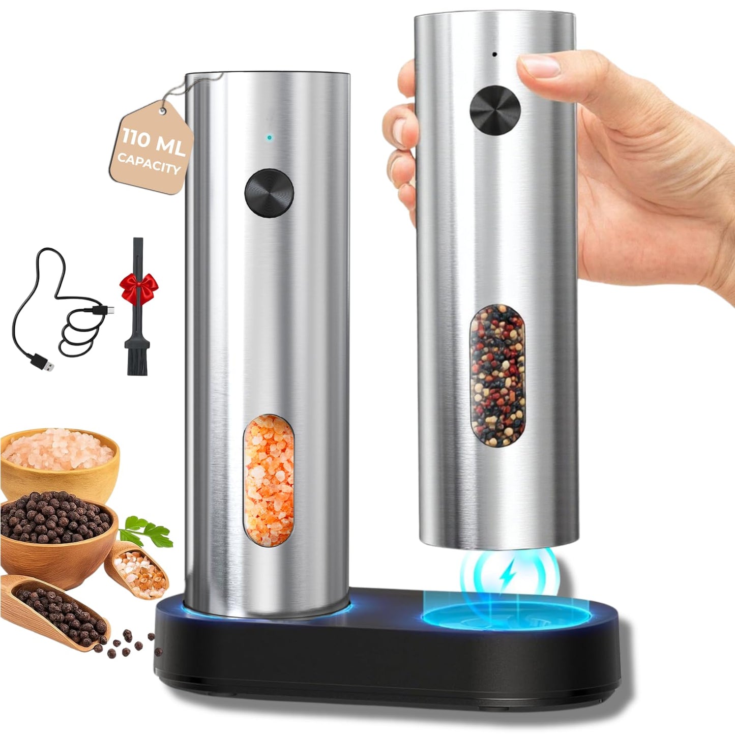 Electric Salt And Pepper Grinder Set, Rechargeable Dual Charging Base, Automatic Refillable Pepper Mills, with 110ml Large Capacity, Adjustable Coarseness & LED Light, Ideal for Kitchen, Outdoor & BBQ
