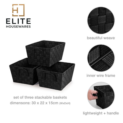 EHC Storage Baskets set of 3, Storage baskets for shelves, Storage Boxes Storage Organiser Hamper Basket, Black