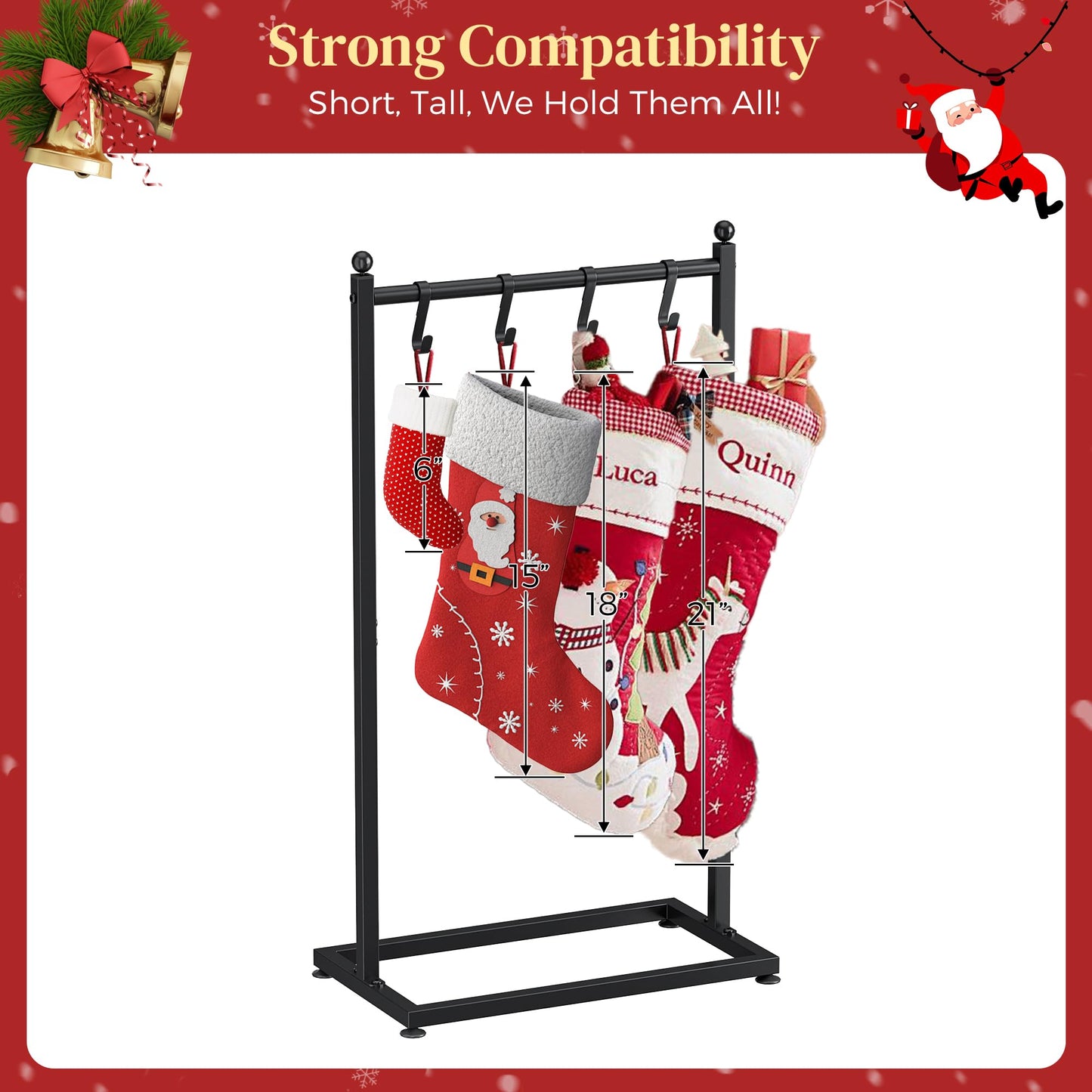 LAND·VOI Christmas Stocking Holder for Floor, Free Standing Metal Stocking Hanger with 4 Removable Hooks, Stable Base & Adjustable Feet, Black